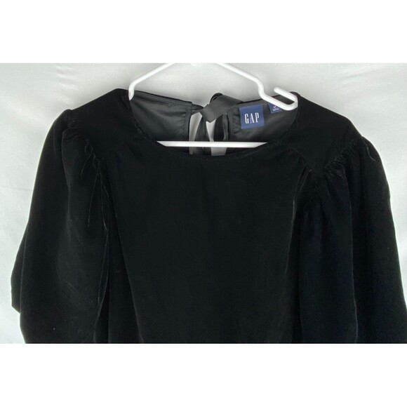 Gap Blouse Womens Medium Black Velvet Puff Sleeve Top Keyhole Ribbon Tie Holiday - Picture 2 of 12